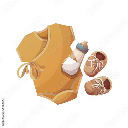 Yellow baby bodysuit, shoes and baby bottle. Baby clothes store, Newborn, Childbirth, Baby care, babyhood, childhood concept. Isolated vector illustration.