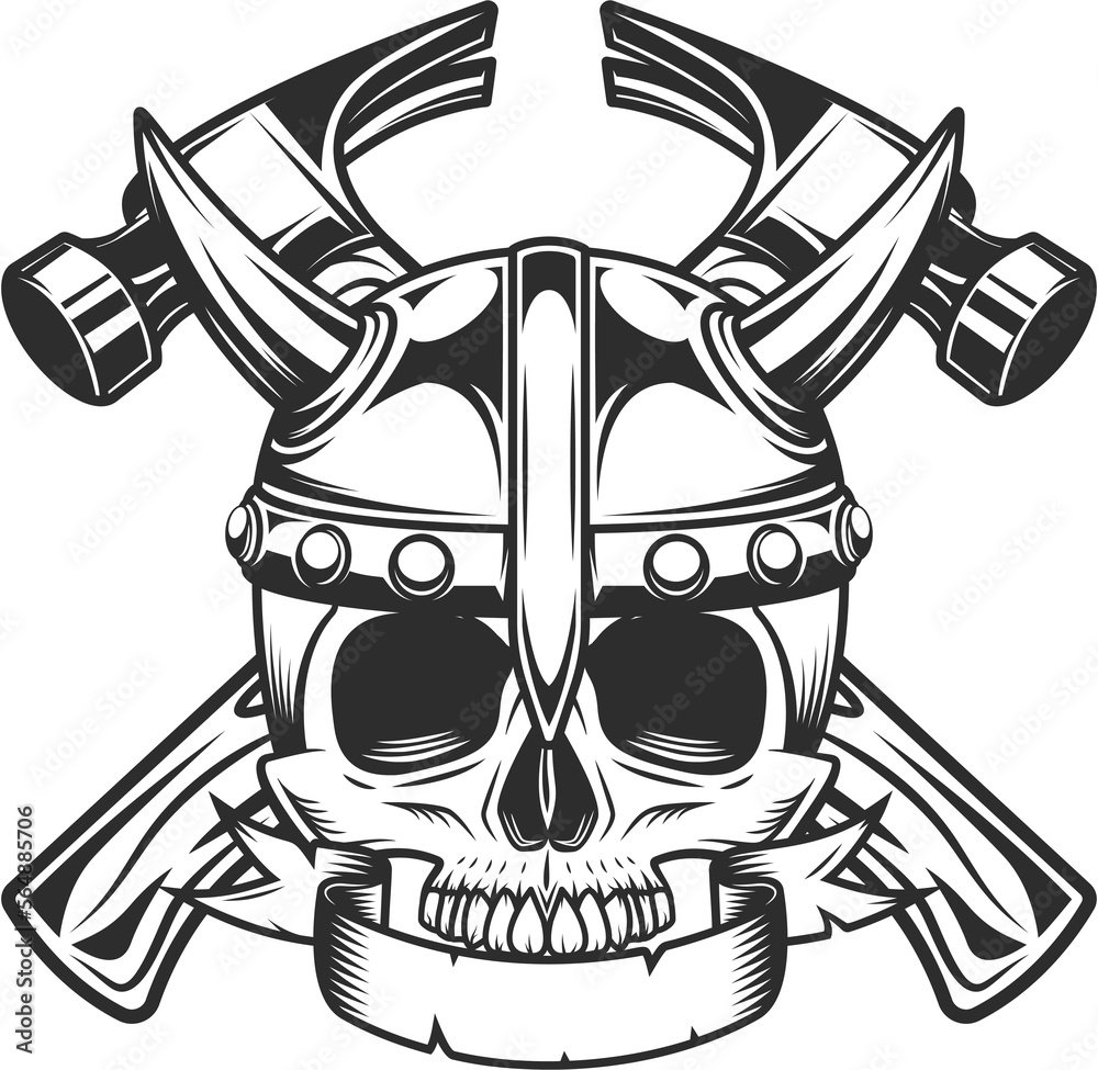 Fototapeta premium Half skull in viking helmet with ribbon and business builder crossed hammer from new construction and remodeling house illustration