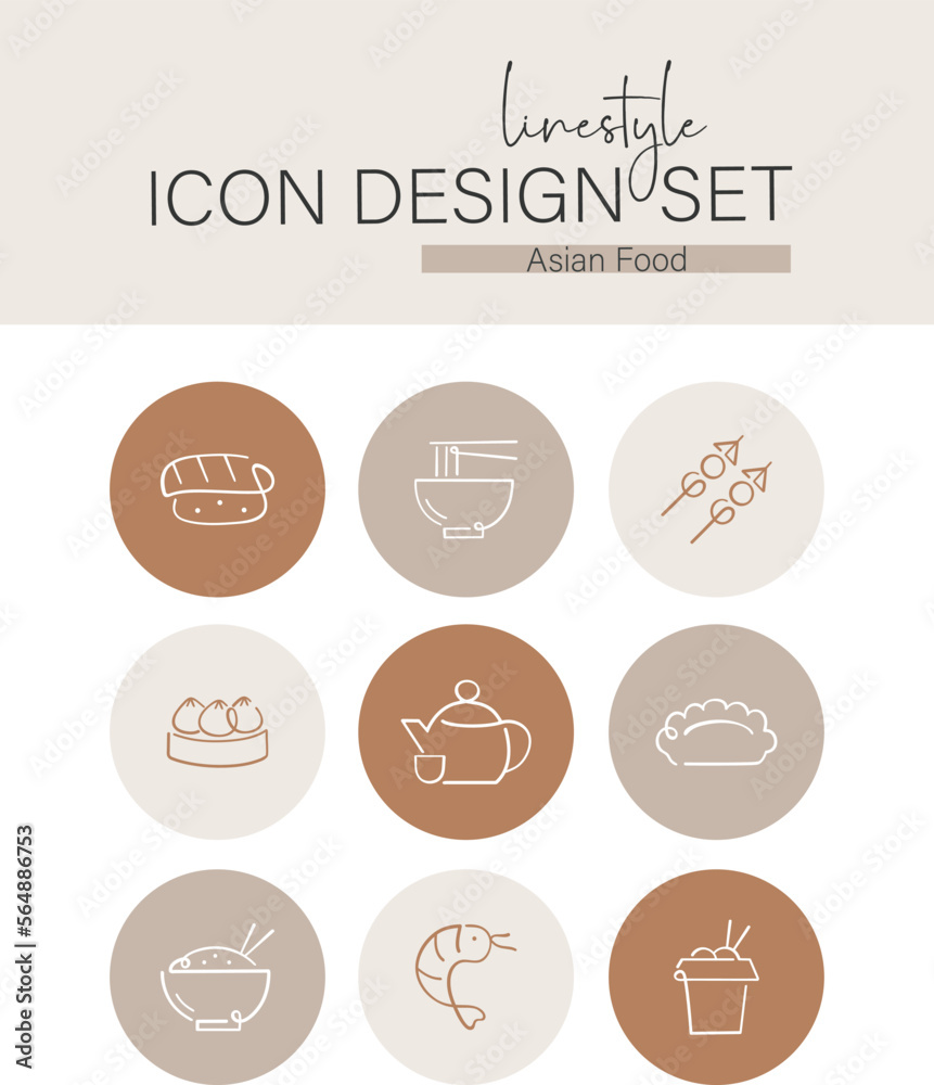 Linestyle Icon Design Set Asian Food