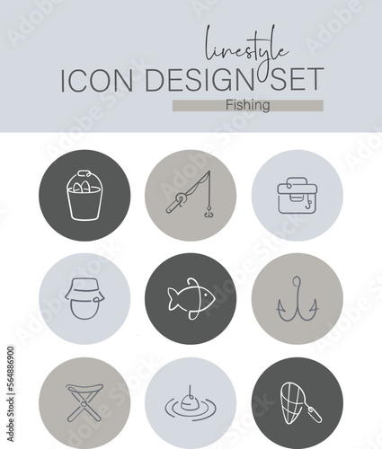 Linestyle Icon Design Set Fishing