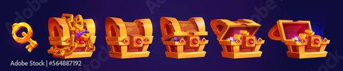 Treasure gold chest open with coins, locked with chain and padlock and key. Game icon of rare loot with ancient wooden trunk with glowing golden money, vector cartoon set isolated on background