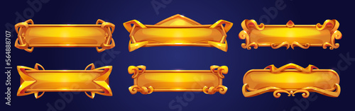 Medieval buttons, ui game menu elements, gold metal oblong banners and ornate rims. Empty royal gui bars for rpg or arcade, golden borders, web design interface Cartoon 3d vector illustration, set