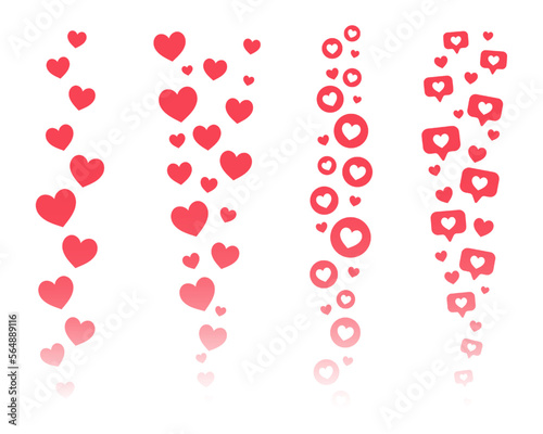 Flying hearts stream. Love likes emotions for social media. Positive reaction and feedback. Vector set