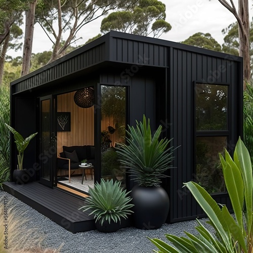 A modern all-black luxurious studio cabin in a winter garden with ultra-modern design and a beach wood facade. 30 square meters in size with a single storey, ultra-detailed, and photo-realistic