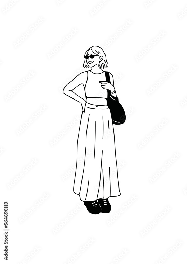woman walking leisurely on the street man hand drawn art illustration woman walking leisurely on the street man hand drawn art illustration