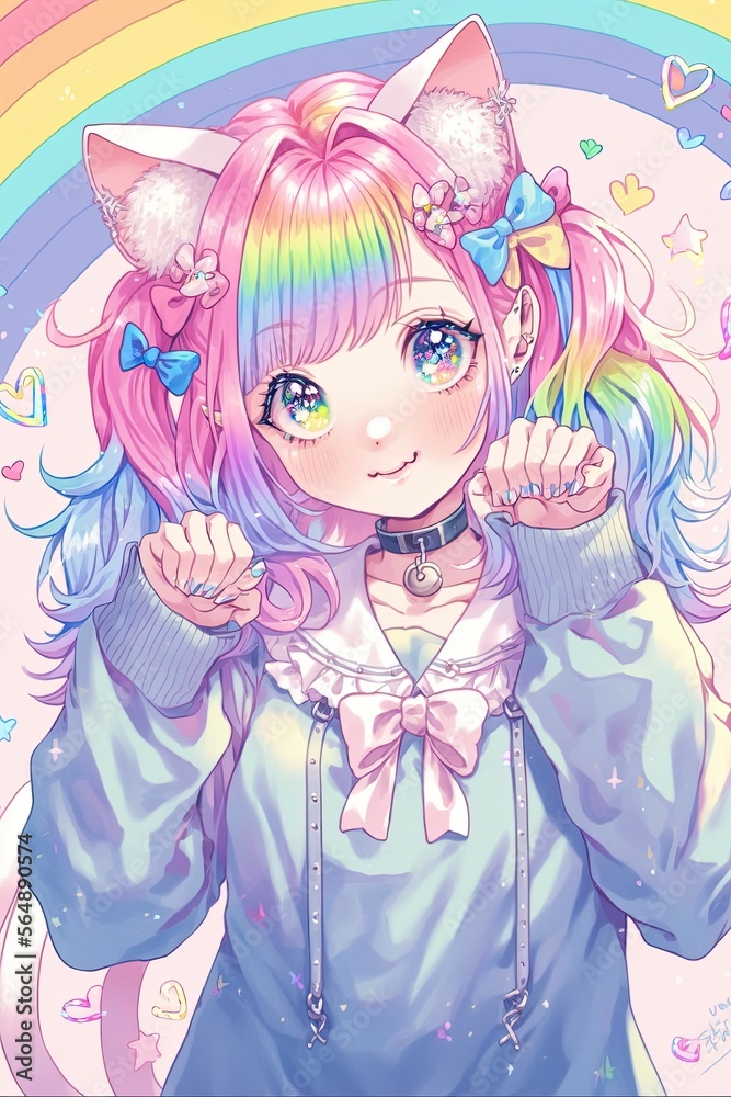 Rainbow Kawaii Anime Girl In Cat Pose of Meow: Pastel Anime Realism, Very Beautiful and Cute Rainbow Kawaii Anime Girl In Cat Pose of Meow: Pastel Anime Realism, Very Beautiful and Cute