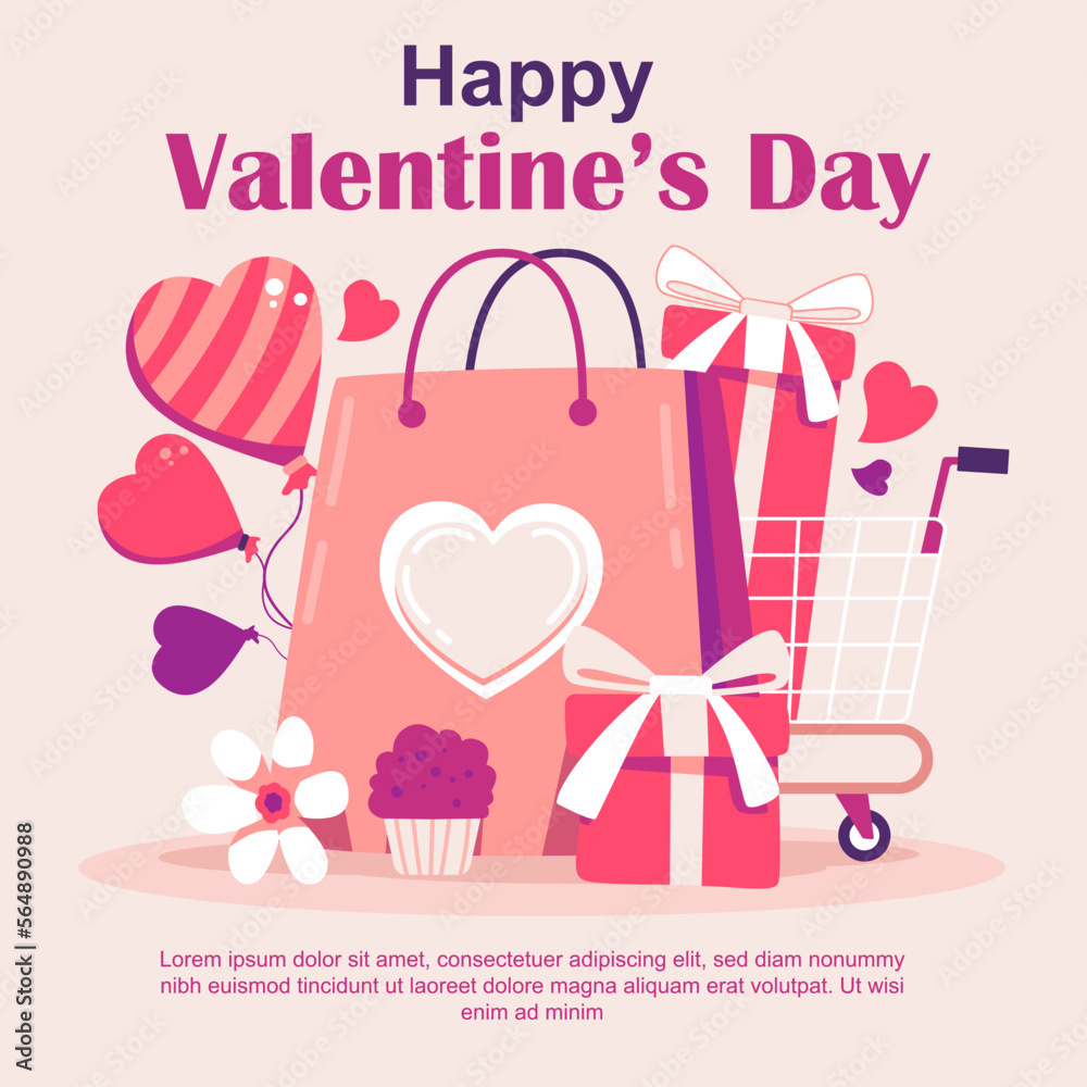 Happy Valentine's Day shopping cart banner. Smart business marketing concept.