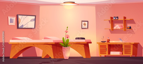 Cartoon spa salon interior design with furniture. Vector cartoon illustration of empty room with massage table, towels, cosmetics, aroma sticks on shelves, blooming orchid flower in pot. Beauty salon