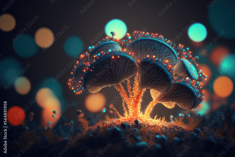 Alien world magical fungus mushroom with vibrant glowing energy stems ...