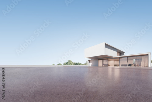 3d render of modern architecture with empty concrete floor.