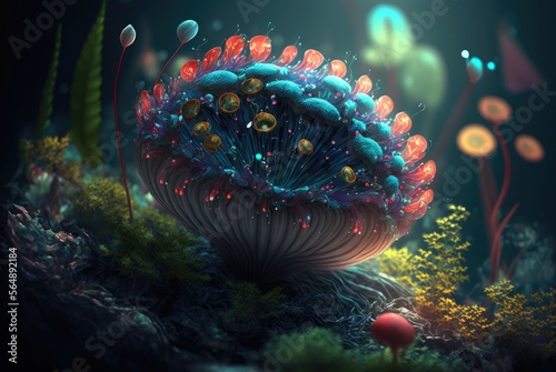 Alien world magical fungus mushroom with vibrant glowing energy stems and spores  unknown and unexplored flora forest teeming with life - generative AI illustration.