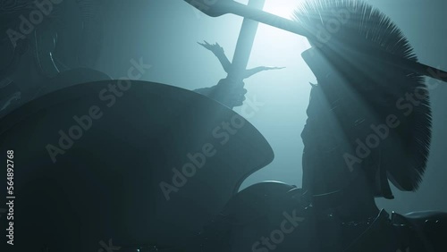Statues of Ancient Greek warriors in fight positions, charging in battle, inside a dark space, with volumetric light behind them and dust particles, 3D animation camera closeup slowly photo