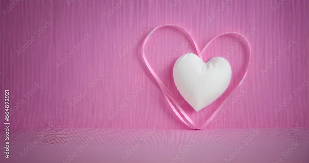 pink ribbon and white heart shape on background, illustration, Generative AI