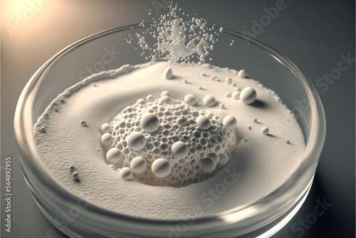  a white substance is floating in a glass bowl on a table top with a light shining on it and bubbles coming out of the top of the bowl, and around the top of the bowl. photo