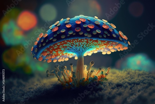 Alien world magical fungus mushroom with vibrant glowing energy stems and spores, unknown and unexplored flora forest teeming with life - generative AI illustration.