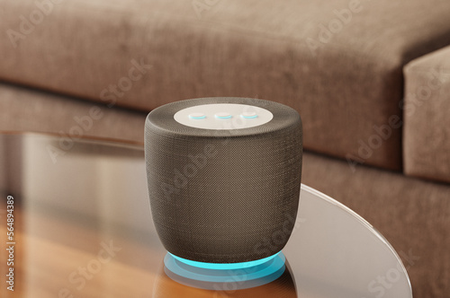 Non-brand smart speaker on living room table. Smart home concept. photo