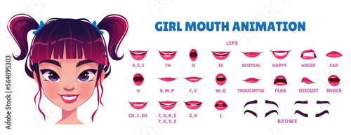 Asian girl mouth animation, pronunciation sync set. Child lips and brows movement in speech, mouth poses with different english phoneme and different emotions, vector cartoon set