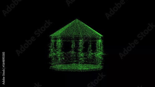 3D garden gazebo on black background. Object consisting of green flickering particles. Science concept. Abstract bg for title, presentation. Screensaver. 3D animation
