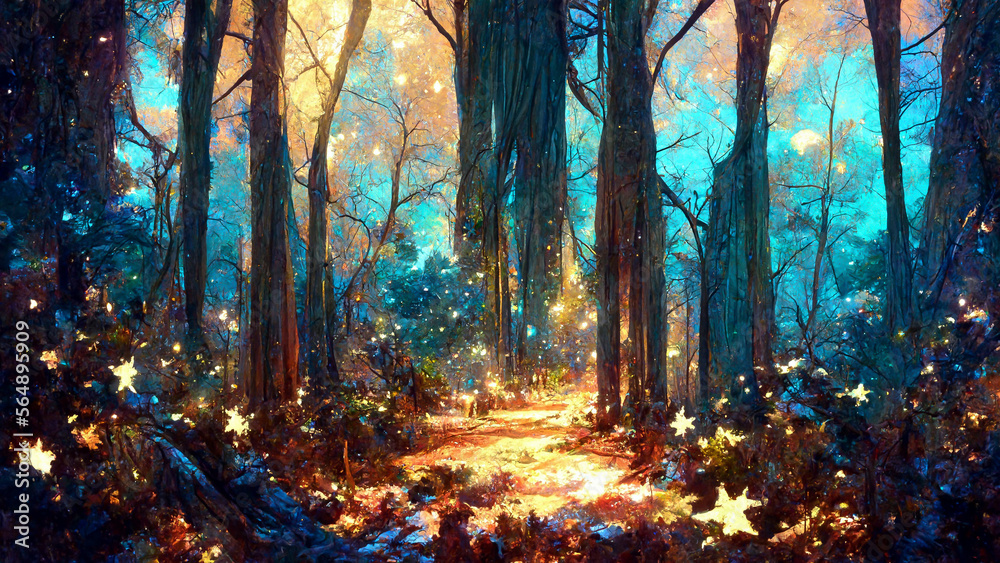 Forest scene under starry sky illustration Generative AI Content by Midjourney