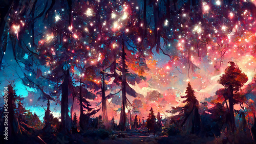 Forest scene under starry sky illustration Generative AI Content by Midjourney