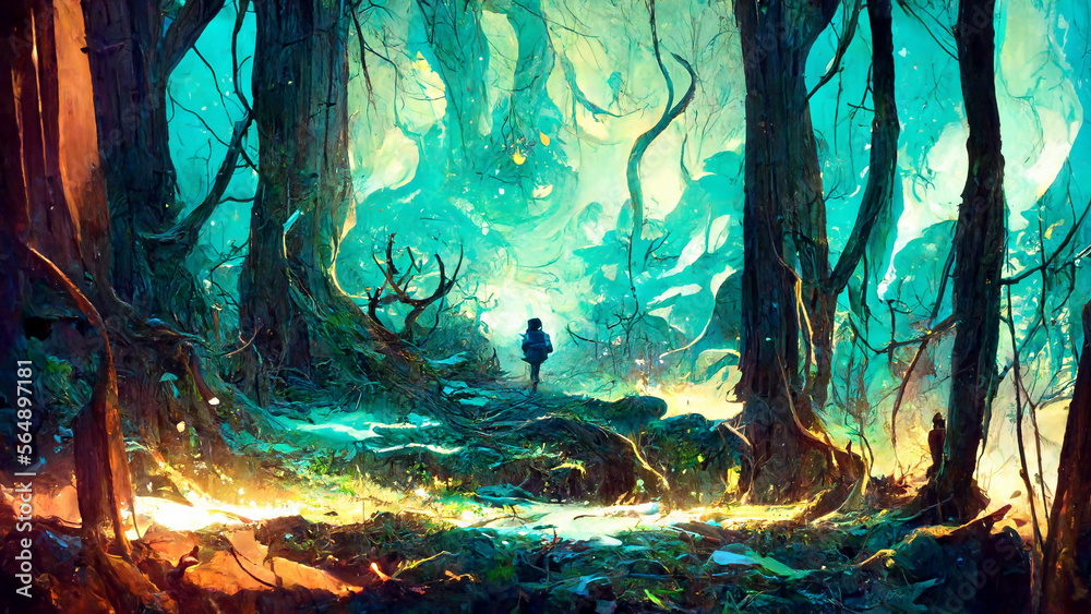 Forest secret adventure at night illustration Generative AI Content by Midjourney