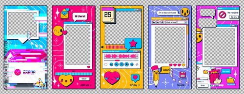 Social media stories template with retro 90s PC interface with windows frames, error message, cursor, buttons and folders, vector cartoon set isolated on transparent background