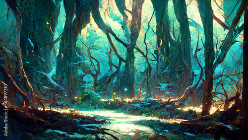 Forest secret adventure at night illustration Generative AI Content by Midjourney