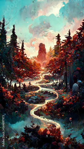 Panorama of the forest at dusk stone road illustration Generative AI Content by Midjourney © simon