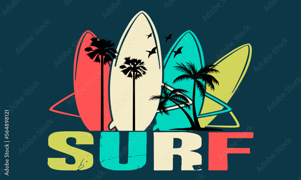 Surfing Typography t-shirt design. Surfing Motivational Typography t-shirt Creative Kids, and Typography Theme Vector Illustration.Surfing California Typography Vector illustration and colorful design