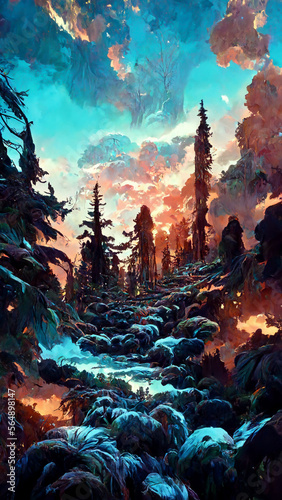 Panorama of the forest at dusk stone road illustration Generative AI Content by Midjourney