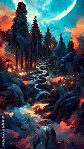 Panorama of the forest at dusk stone road illustration Generative AI Content by Midjourney