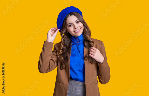 photo of happy stylish caucasian teen girl wear french beret. stylish caucasian teen girl