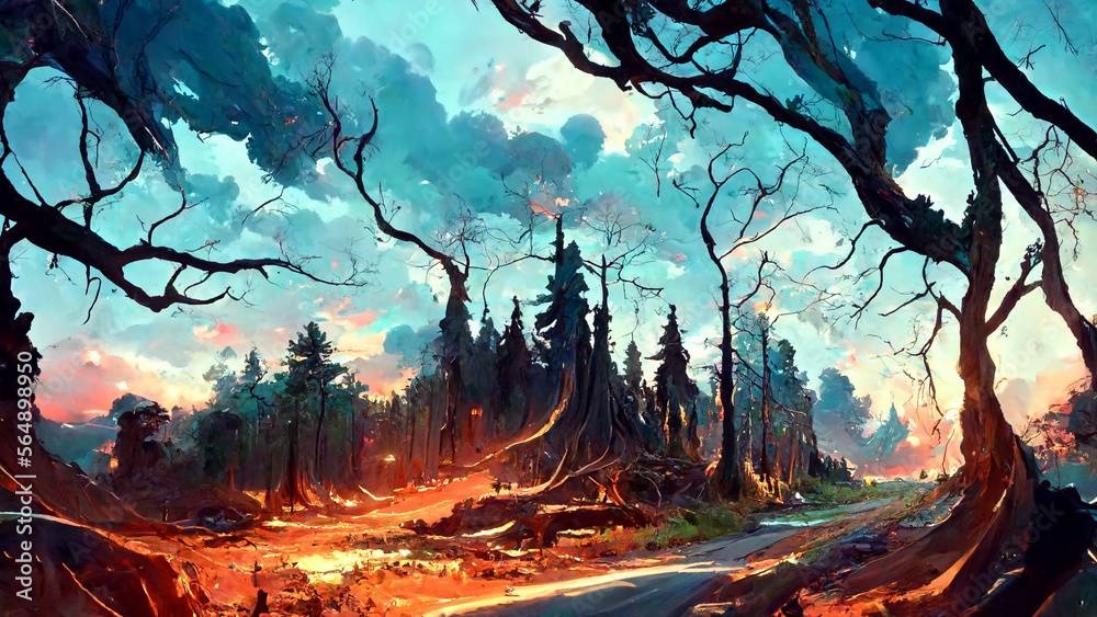Fototapeta premium Panorama of the forest at dusk stone road illustration Generative AI Content by Midjourney
