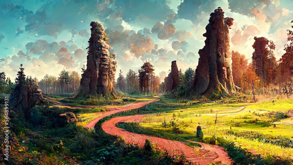 Obraz premium Panorama of the forest at dusk stone road illustration Generative AI Content by Midjourney