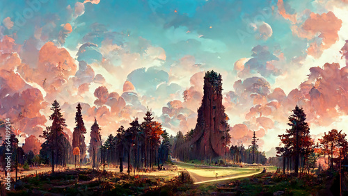Panorama of the forest at dusk stone road illustration Generative AI Content by Midjourney © simon