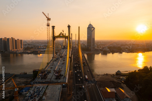 Aerial view Construction of Rama 9 Bridge which was completed in 2024and Rama 3 Expressway - Dao Khanong - Outer Ring Road West of Bangkok photo