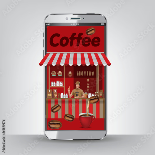 Coffee shop on mobile screen with coffee products