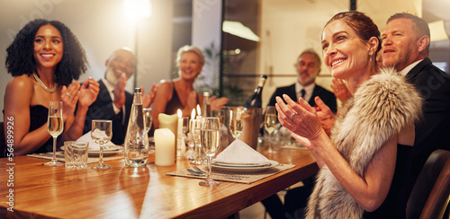Εκτύπωση καμβά People, restaurant and clapping at celebration in night for friends, business executive team or happy for success
