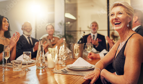 Photos People, party and clapping at restaurant in night with friends, business executive team or happy for success