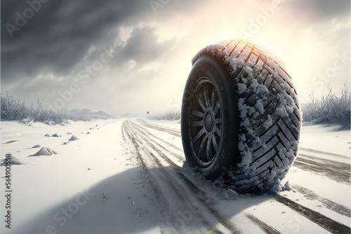 Car tire on snow covered road. Generative AI