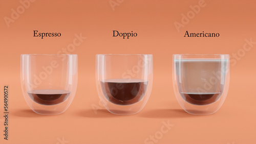 3D illustration of coffee types including espresso, doppi (double shot), and americano (water and espresso) in double wall glass. Episode 1. photo