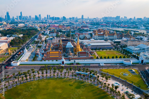 Aerial view of the Temple of the Emerald Buddha grand palace, most famous landmark of Bangkok, Thailand 