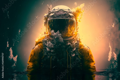 Astronaut underwater, helmet and ink reflection, Generative AI