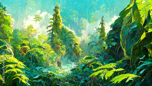 Rainforest forest in the sunny morning illustration Generative AI Content by Midjourney