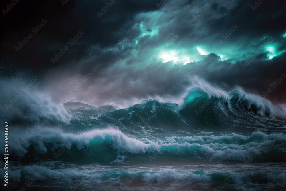 Storm over the ocean, big waves dramatic night sky and clouds. Generative AI