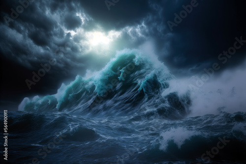 Storm over the ocean  big waves dramatic night sky and clouds. Generative AI