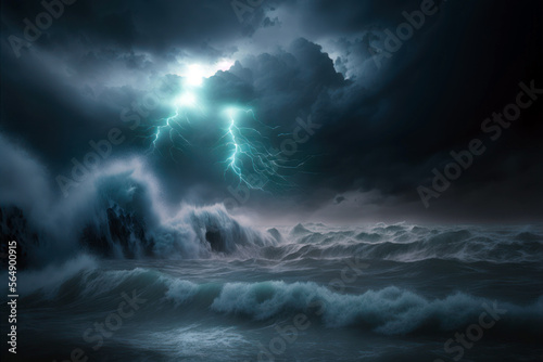 Storm over the ocean, big waves dramatic night sky and clouds. Generative AI © Rawf8