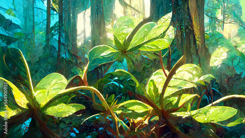 Rainforest forest in the sunny morning illustration Generative AI Content by Midjourney