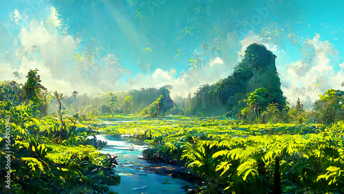 Rainforest forest in the sunny morning illustration Generative AI Content by Midjourney © simon