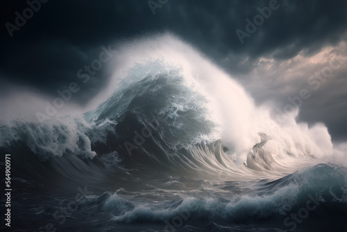 Storm over the sea  big ocean waves  dramatic night sky and clouds. Generative AI